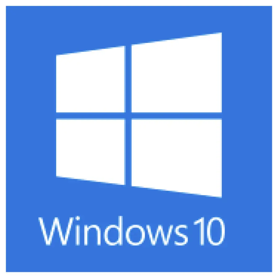 Windows 10 logo with blue window icon, representing Microsoft's operating system for PCs and laptops.